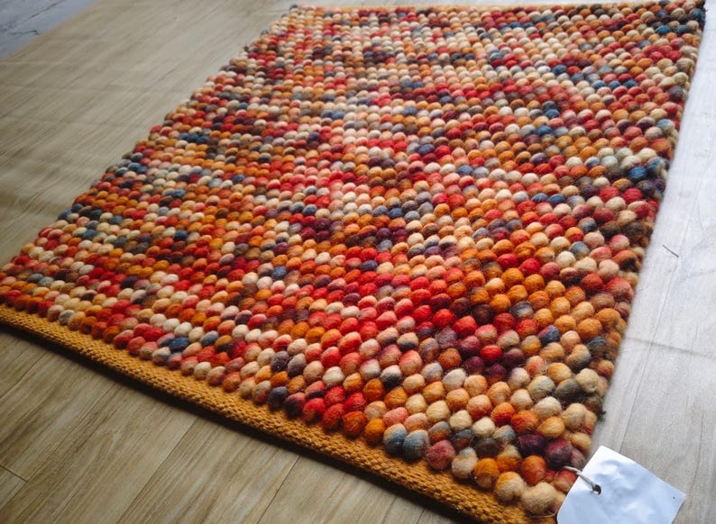 Ball Rug Handmade Rainbow Wool Felt Ball Rug, New Zealand Wool, Kids Room Carpet ...