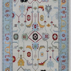 Boho Anatolian Style Turkish Oushak Rug | Light Blue & Soft Ivory Handwoven Wool Rug | Tribal Geometric Area Carpet | 8x10 9x12 Pastel Decor