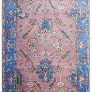 Hand-Knotted Turkish Oushak Rug – Pink, Blue & Ivory Wool Vintage Large Area Carpet 6x9 8x10, Oriental Floral Design, Boho Living Room Decor
