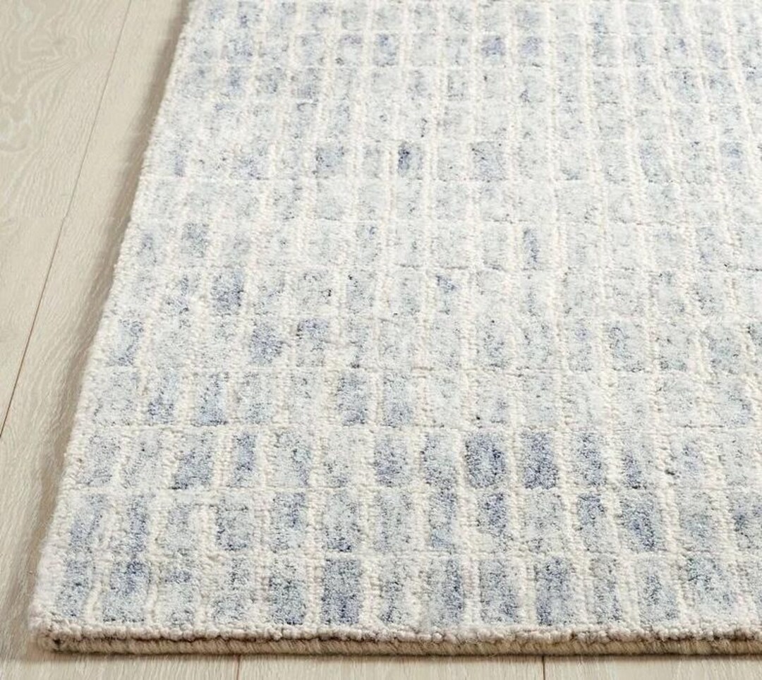 Hand Tufted Wool Area Rug – Modern Grid Design, Blue & White - Etsy