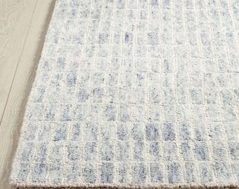 Hand Tufted Wool Area Rug – Modern Grid Design, Blue & White