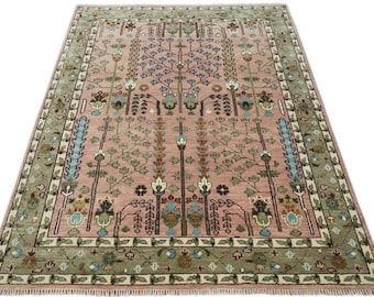 Handgefertigter Oushak Wollteppich | Blush Pink & Sage Grün Blumenmuster