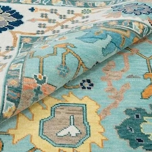 Oushak Rug – Aqua Blue & Ivory Wool Turkish Carpet – Traditional Anatolian Oriental Floral Design – Hand-Knotted Area Rug for Living Room