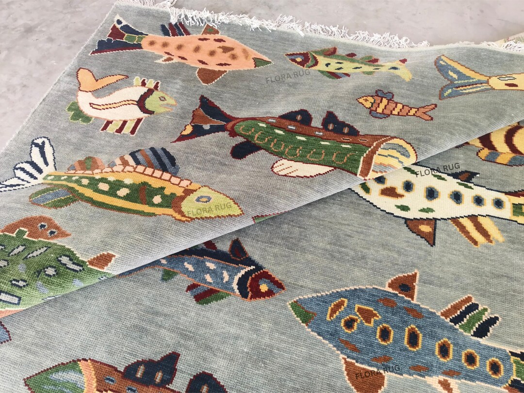 Artisan Colorful Fish Pattern Handwoven Wool Area Rug With ...