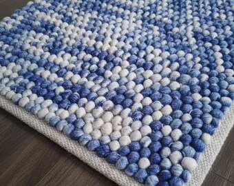 Chunky Felt Ball Rug - Blue and White Handmade Wool Pom Pom Rug - Modern Nursery & Living Room Decor - Handcrafted Round Wool Rug