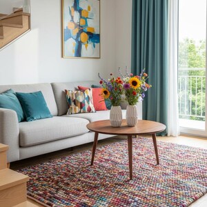 May include: A living room scene featuring a light gray sofa with teal and patterned throw pillows. A round wooden coffee table holds two white vases with colorful flowers. A multi-colored rug and abstract art complete the decor.