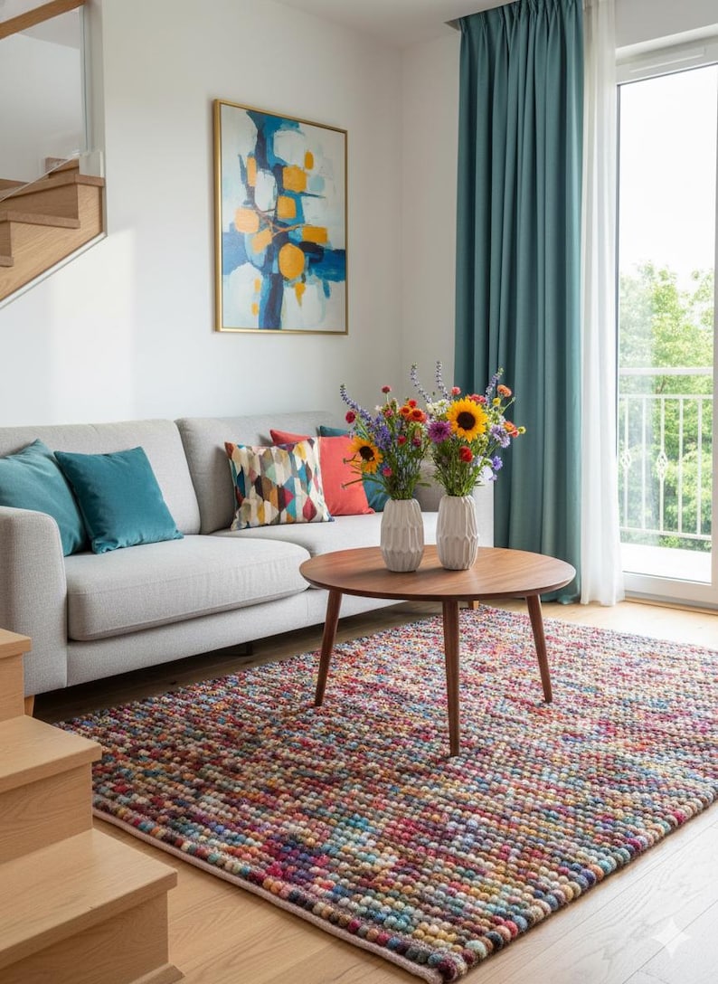 May include: A living room scene featuring a light gray sofa with teal and patterned throw pillows. A round wooden coffee table holds two white vases with colorful flowers. A multi-colored rug and abstract art complete the decor.