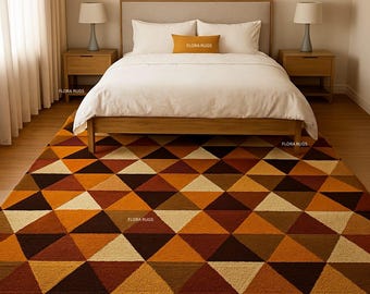 Hand-Tufted Geometric Triangle Rug - Modern Earth Tone Wool Area Rug - Mid-Century Bedroom Rug - 5x8 8x10 Custom Plush Kids room Rug