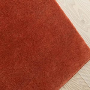 May include: A close-up of a burnt orange rug with a soft, plush texture. The rug is rectangular and fills most of the frame, with a small portion of light-colored wood flooring visible in the corner.