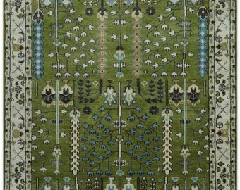Green Wool Rug | Vintage Persian-Style Garden of Paradise Carpet