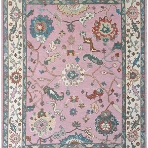 Vintage-Style Turkish Boho Area Rug, Oushak Rug, Pastel Pink- Blue Oriental Wool Carpet, Floral Tribal Design,8x10,9x12 Living Room Decor.