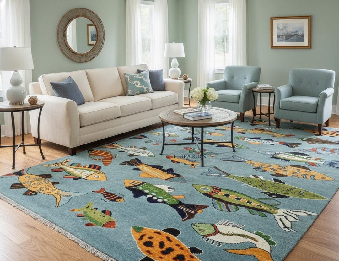Handmade Fish Motif Wool Rug - Modern Blue Area Rug With Colorful Fish ...