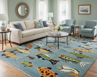 Handmade Fish Motif Wool Rug - Modern Blue Area Rug with Colorful Fish Pattern - Nautical Nursery Decor - Playful Living Room Carpet