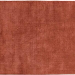 May include: A rectangular, solid rust-colored rug. The rug has a soft, textured appearance, with subtle variations in tone across its surface. The overall design is simple and modern, suitable for various interior styles. The rug's dimensions are not visible.
