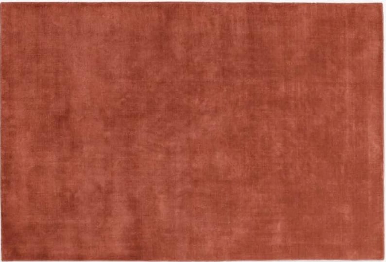 May include: A rectangular, solid rust-colored rug. The rug has a soft, textured appearance, with subtle variations in tone across its surface. The overall design is simple and modern, suitable for various interior styles. The rug's dimensions are not visible.