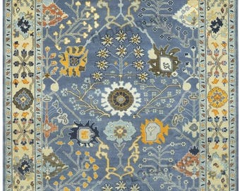 Hand-Knotted Blue Wool Area Rug – Vintage Persian Floral Design