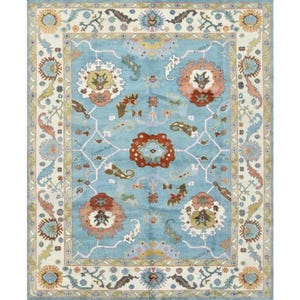 Large Handwoven Turkish Rug – Soft Pastel Blue Area Rug with Floral Tribal Pattern – Vintage Style Wool Flatweave – Boho Farmhouse Decor.