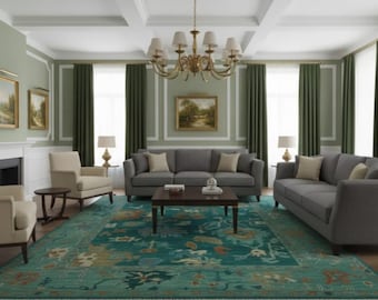 Handmade Oushak Wool Rug, Aqua Blue Teal Floral Medallion, 8x10