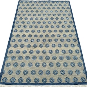 Blue & Beige Area Rug – Boho Scandinavian Kilim Style, Floral Pattern Handwoven Geometric Flatweave Rug, Home Decor Carpet, 6x9, 8x10 | 9x12