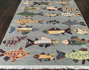 Handmade Fish Pattern Wool Rug - Colorful Nautical Coastal Area Rug - Whimsical Sea Life Playroom Carpet - Hand Woven Kids Room Decor.