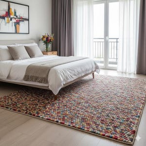 May include: A large, rectangular area rug with a textured surface made of small, colorful balls. The rug is placed in a bedroom setting, with a bed, pillows, and a painting visible in the background. The rug's color palette includes red, blue, yellow, and green.
