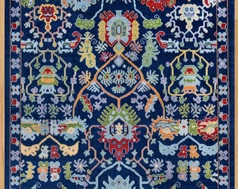 Handgeknoopt wollen vloerkleed – marineblauw tribal geometrisch boho-tapijt