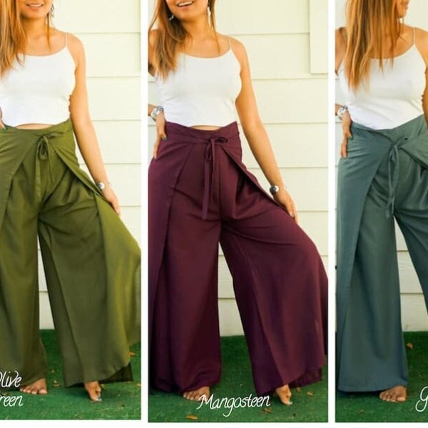 Pantalon cache-cœur pour femme, palazzo bohème large, pantalon d'été uni, pantalon cache-cœur large 100 % rayonne, jambe ouverte, pantalon en rayonne fendu, pantalon de plage