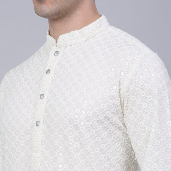 Chikankari pailletten kurta mannen mooie traditionele kurta feestkleding kurta Casual bruiloft kurta Goede en beste hoge kwaliteit outfit heren kurta