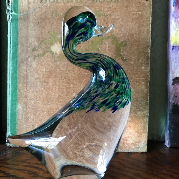WEDGWOOD Blue Green and Clear Speckled Glass Duck Paperweight