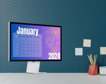 Printable Editable January 2024 New Year Desktop Wallpaper Calendar Background, PC, Laptop, Windows, Macbook, Digital Download, Instant
