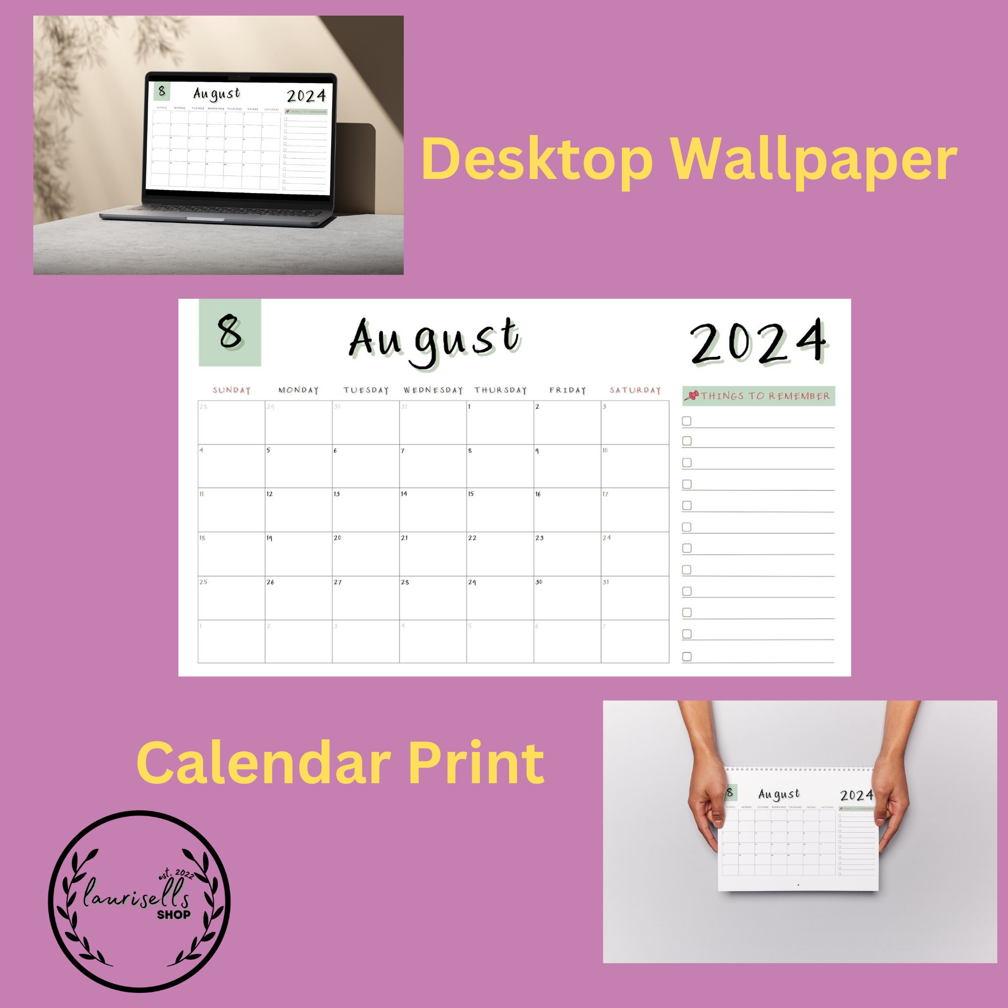 Printable 2024 Monthly Calendar | A4, Letter, Desktop Wallpaper