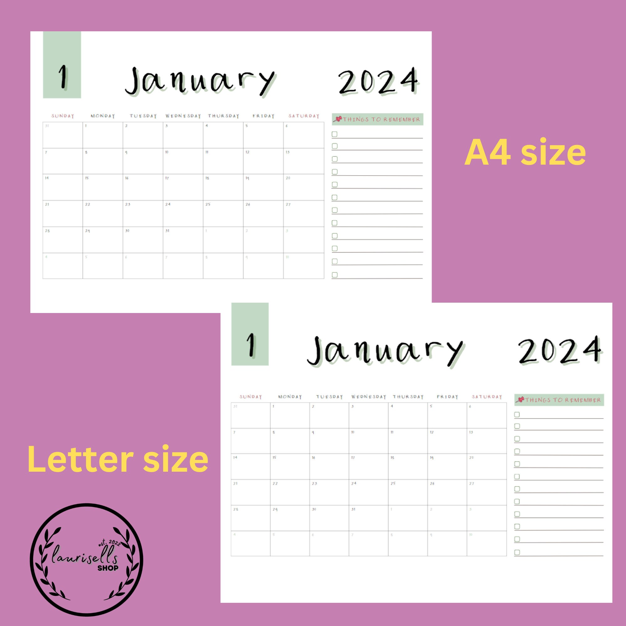 Printable 2024 Monthly Calendar | A4, Letter, Desktop Wallpaper