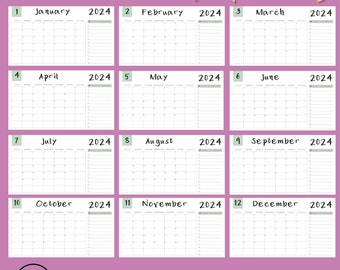 Printable 2024 Monthly Calendar | A4, Letter, Desktop Wallpaper | Fillable Landscape pdf | Sunday Start | Minimalist|Digital PDF |Download