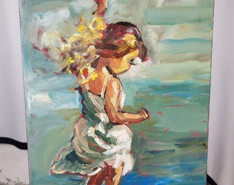 Oil painting child beach sea Alexander Diener art unique picture