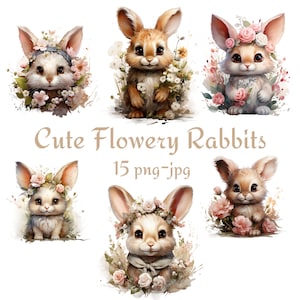 15 Cute Flowery Rabbits  Clipart, Floral Bunnies Collection Clipart, Cute Bunny Clipart, Watercolor Bunnies 300 Dpı PNG JPG Clipart