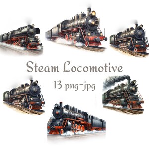 13 stoomlocomotief clipart, locomotief trein clipart, spoorweg locomotief clipart, vintage trein aquarel 300 Dpı PNG JPG clipart
