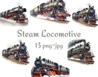 13 Steam Locomotive Clipart, Locomotive Train Clipart, Railway Locomotive Clipart, Vintage Train Watercolor 300 Dpı PNG JPG Clipart