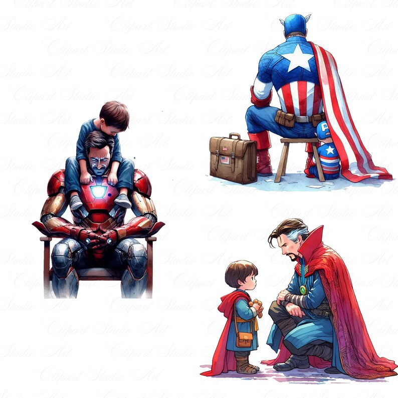 May include: Watercolor illustrations of Marvel superheroes. Iron Man with a child on his shoulders, Captain America seated with a briefcase, and Doctor Strange with a child. Each figure is in a seated position.