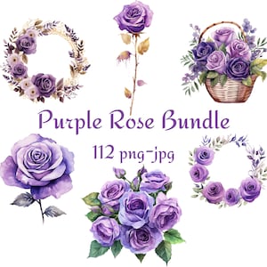 112 Purple Rose Bundle Bouquet, Geschenkkorb Rose, Rose mit goldenem Glitter, Kranz Rose, Kranz Rose mit goldenem Glitter, Aquarell PNG JPG