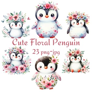 23 Clipart di pinguino floreale carino, Clipart di pinguino carino invernale, pinguino floreale carino acquerello sfondo trasparente 300 Dpı PNG JPG Clipart