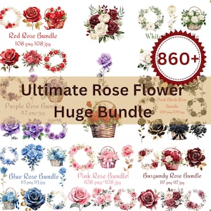 860+ Rose Flower bundel clipart, aquarel Rose bloemen clipart, Rose Flower JPG PNG bundel bloemboeket, krans, cadeaumand, instant
