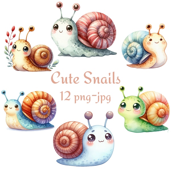 12 Cute Snails Clipart, Watercolor Cute Little Spring Insects Clipart, Watercolor Cute Snails High Quality 300 Dpı PNG JPG Clipart