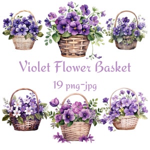 19 Fioletowy kosz kwiatów Clipart, Ślubny prysznic Fioletowy kosz kwiatów Clipart, Akwarela Fioletowy kosz kwiatów PNG JPG