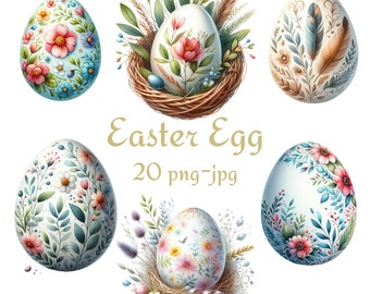 20 Easter Egg Clipart, Watercolor Easter Egg Clipart, Easter Egg Clipart, Easter Feast PNG JPG Clipart