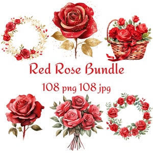 108 rode roos bundel boeket, geschenkmand roos, roos met gouden glitter, krans roos, krans roos met gouden glitter, aquarel PNG JPG