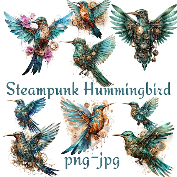 Steampunk Hummingbird Clipart, Steampunk Hummingbird Mechanical Bird Graphics Flying Clipart, Watercolor Steampunk Hummingbird PNG JPG