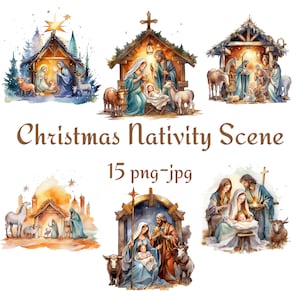 15 szopka clipart akwarela pakiet, Boże Narodzenie religijne szopka clipart, akwarela szopka 300 Dpı PNG JPG clipart