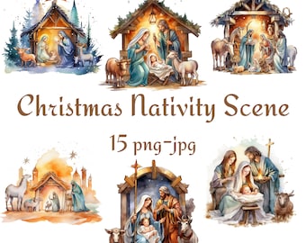 15 Nativity Scene Clipart Watercolor Bundle, Christmas Religious Nativity Clipart, Watercolor Nativity Scene 300 Dpı PNG JPG Clipart