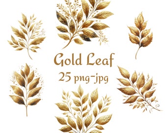 25 Gold Leaf Clipart, High Quality Gold Leaf Clipart, Watercolor Gold Leaf Transparent Background 300 Dpı PNG JPG Clipart