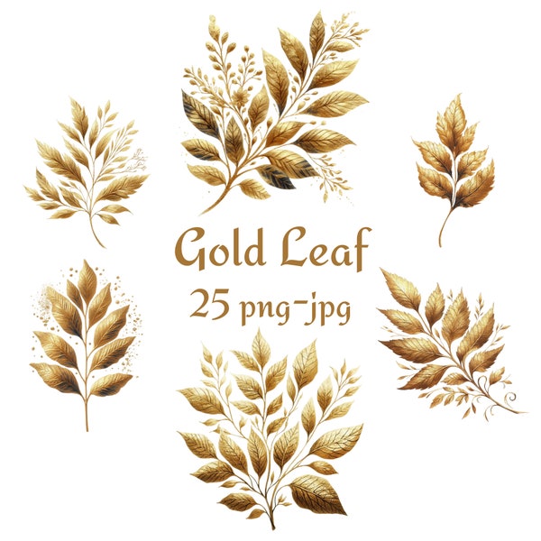 25 Gold Leaf Clipart, High Quality Gold Leaf Clipart, Watercolor Gold Leaf Transparent Background 300 Dpı PNG JPG Clipart